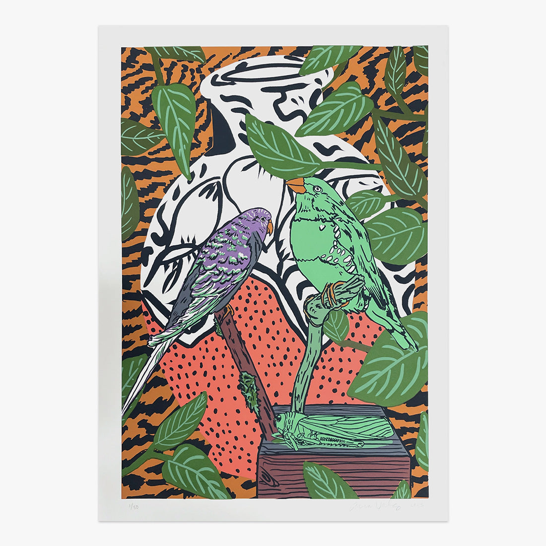 The Jaunt 10 Year Anniversary limited edition six-colour screen print on paper by Anna Valdez, vibrant still life with plants, bird and patterned textiles, Underdogs Gallery Lisbon, 2024
