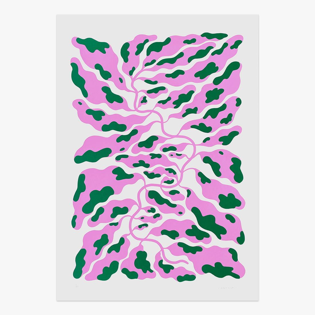 The Jaunt 10 Year Anniversary limited edition two-colour screen print on paper by Linnea Andersson, abstract organic pattern in pink and green, Underdogs Gallery Lisbon