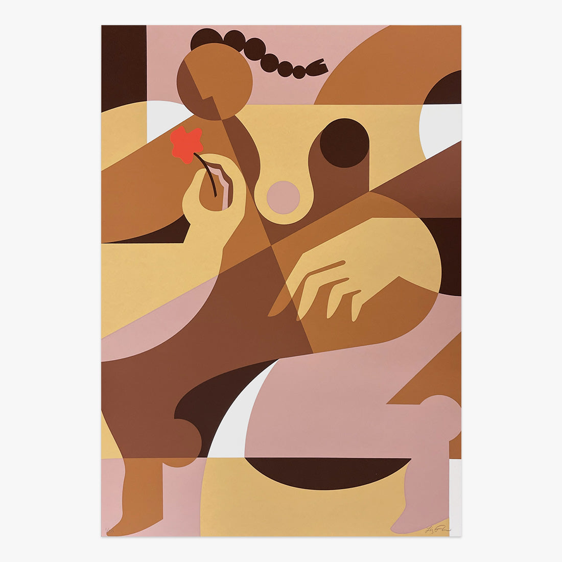The Jaunt 10 Year Anniversary limited edition six-colour screen print on paper by Liz Flores, abstract figurative composition in warm tones, Underdogs Gallery Lisbon