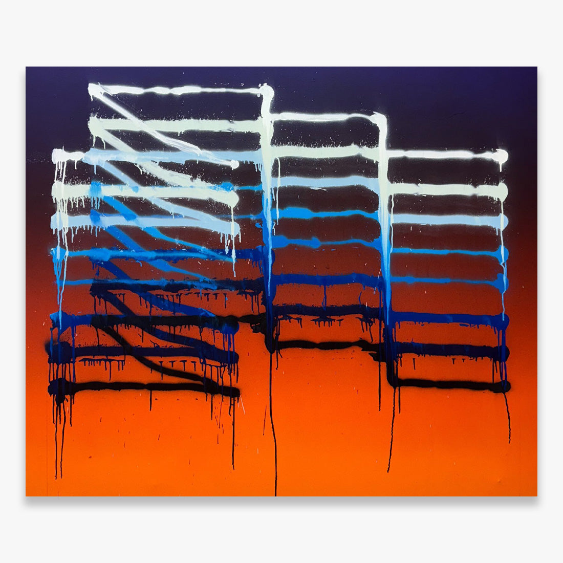 Jason REVOK Instrument_exc(Frame_Drag)_3_5/25_Blu/Or/Vio abstract canvas painting in blue, orange, and black