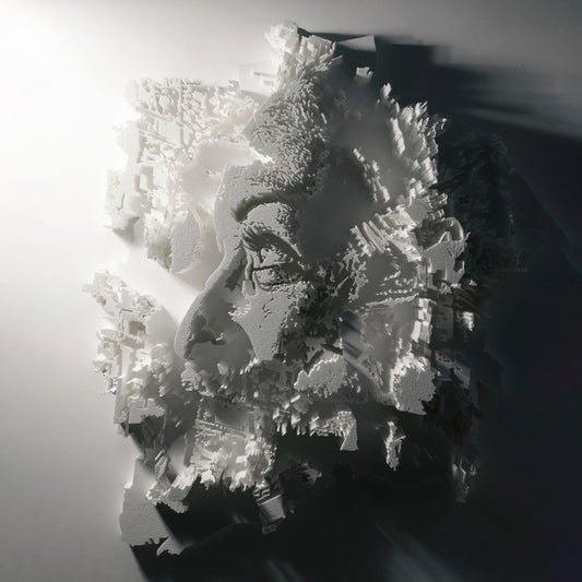 Penumbra Series #2 by Vhils – handcrafted styrofoam portrait sculpture cut with hot-wire and assembled by hand, unique contemporary artwork, 2018, Underdogs Gallery