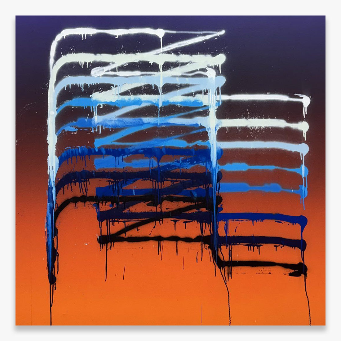 Jason REVOK Instrument_exc(Frame_Drag)_2_5/25_Blu/Or/Vio abstract canvas painting in blue, orange, and black