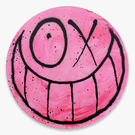 Mr. A Round Black & Pink by André Saraiva – pink circular acrylic and spray paint artwork on canvas featuring the iconic Mr. A character, unique contemporary street art piece, 2023, Underdogs Gallery