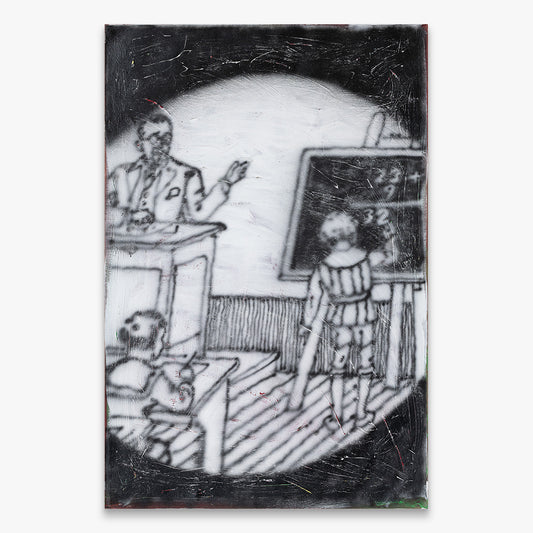 Ricardo Passaporte “Kids at School” figurative painting, monochrome classroom scene with teacher and children, spray paint and acrylic on canvas, 2025