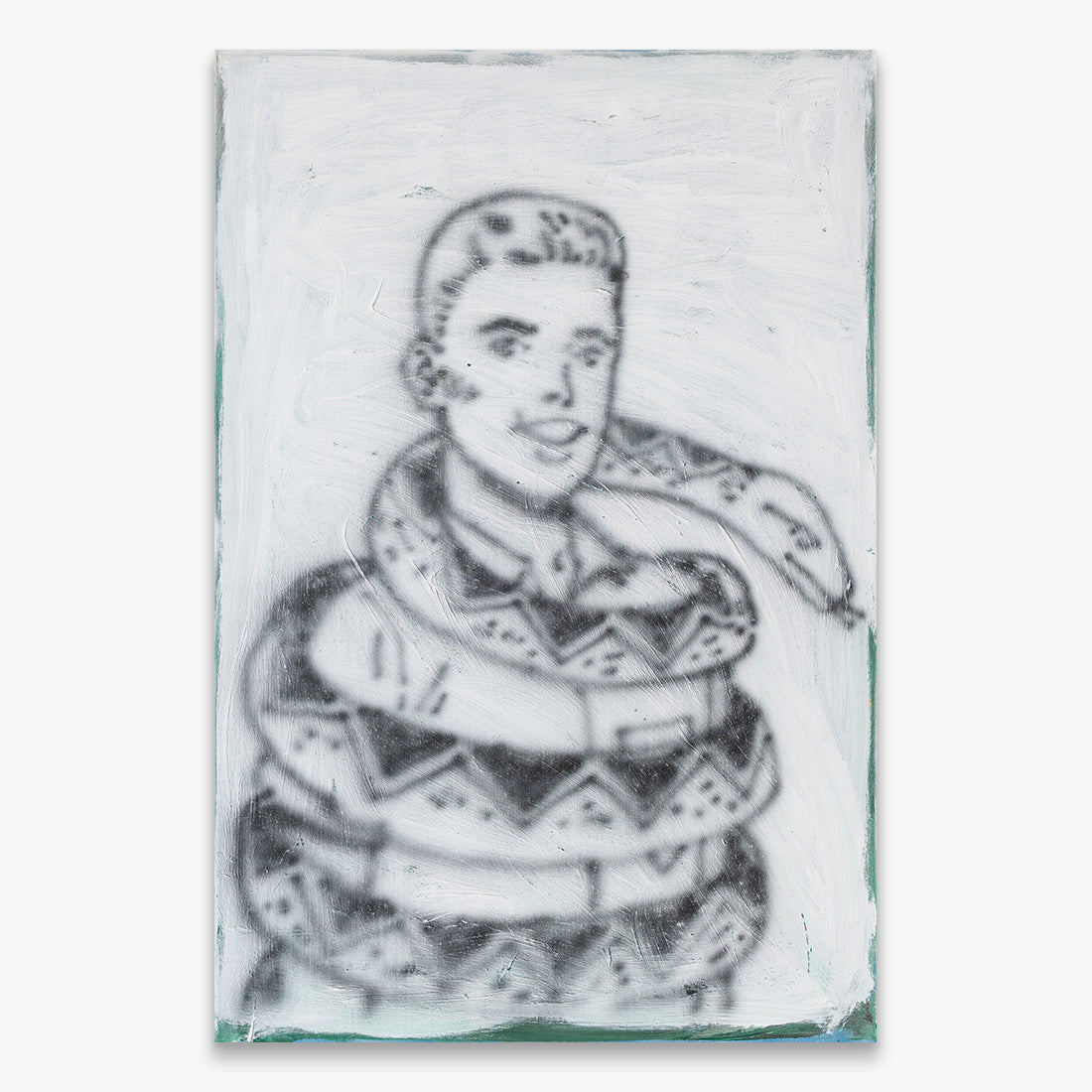 Ricardo Passaporte “Mr Hydes Bizarre Bazaar” figurative painting, monochrome portrait with surreal coiled form around body, spray paint and acrylic on canvas, 2025