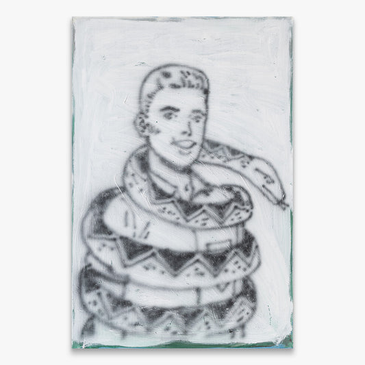 Ricardo Passaporte “Mr Hydes Bizarre Bazaar” figurative painting, monochrome portrait with surreal coiled form around body, spray paint and acrylic on canvas, 2025