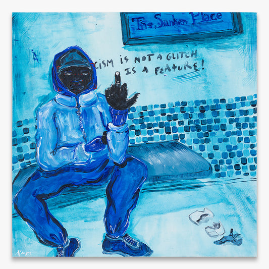 Sara Fonseca da Graça “F*** the algorithm knows im black #IYKYK #LWB” painting, figure in blue tones sitting with text on wall, acrylic and mixed media on canvas, 2026