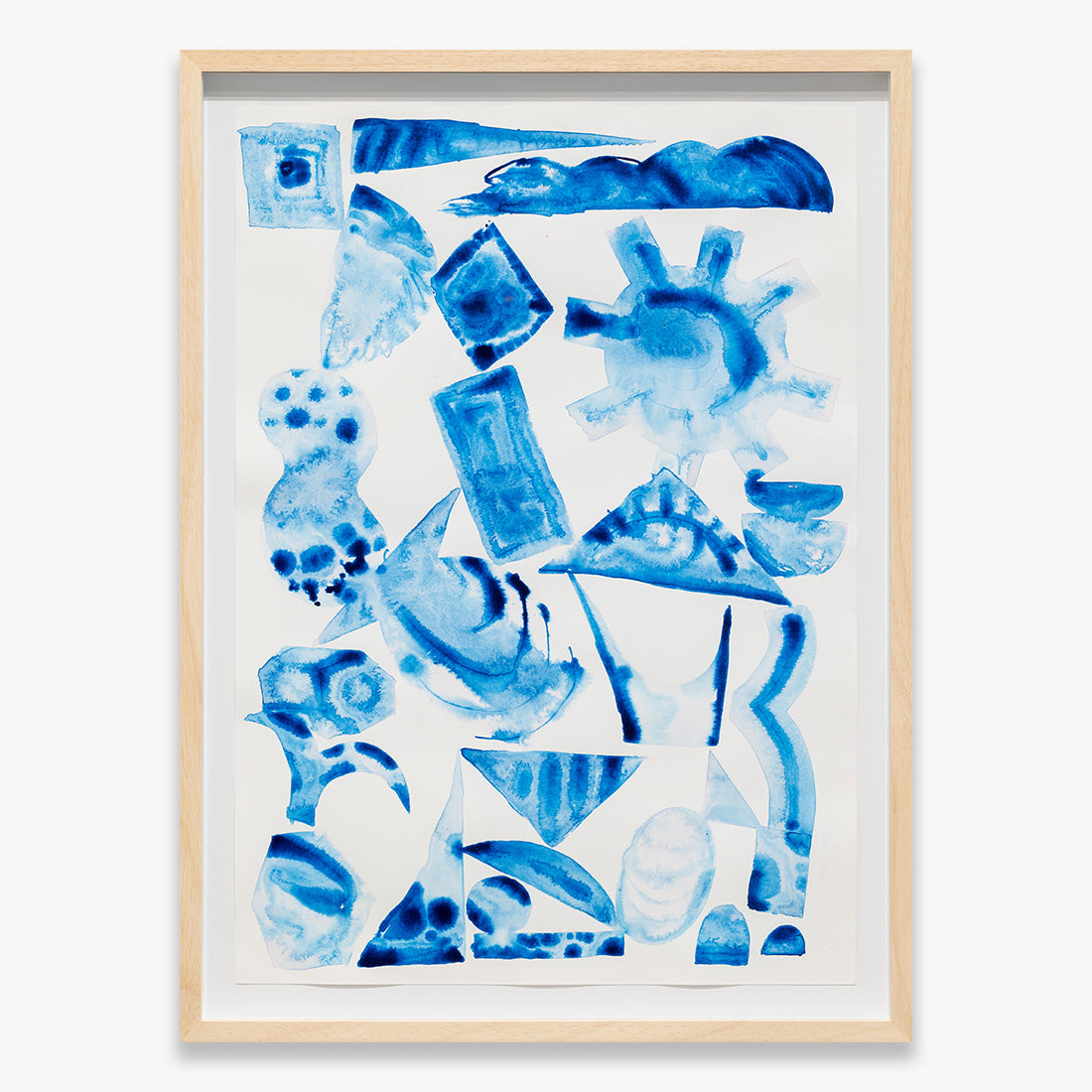 Framed “Totem” by Akacorleone, featuring layered blue abstract and symbolic forms arranged in a vertical composition on paper, 2025