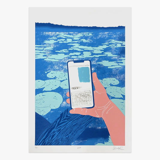 The Jaunt #067 by David Heo – four-colour screen print of a hand holding a phone over blue water, limited edition