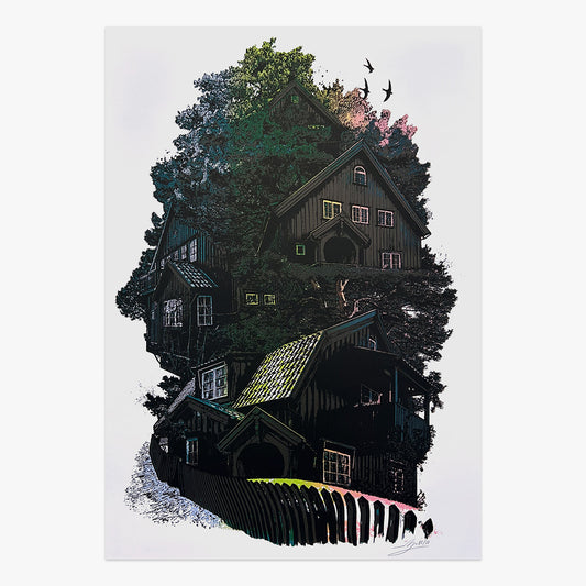 The Jaunt #089 by Martine Johanna – three-colour screen print featuring surreal house and figure composition, signed limited edition, Underdogs Gallery