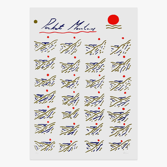 The Jaunt #095 limited edition three-colour screen print on paper by Anders SCRMN Meisner, graphic composition with repeating abstract motifs and handwritten text, Underdogs Gallery Lisbon, 2023