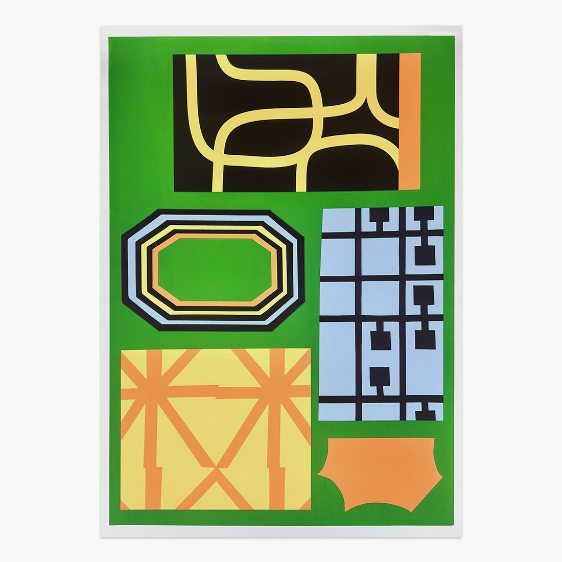 The Jaunt #102 limited edition five-colour screen print on paper by Scott Sueme, geometric abstract composition with bold shapes and patterns, Underdogs Gallery Lisbon, 2024