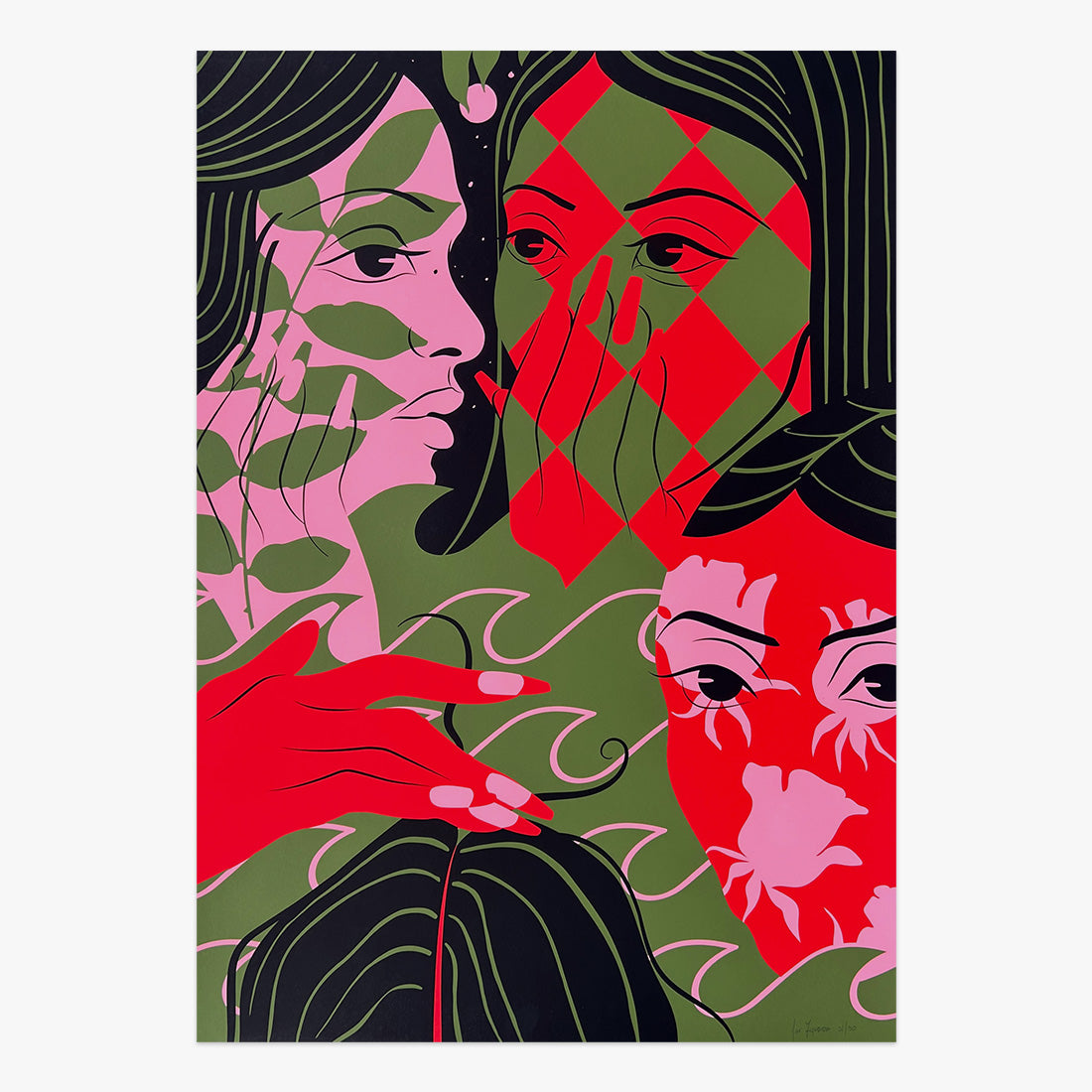 The Jaunt #104 limited edition three-colour screen print on paper by Mar Figueroa, stylized female portraits with bold red and green patterns, Underdogs Gallery Lisbon, 2024