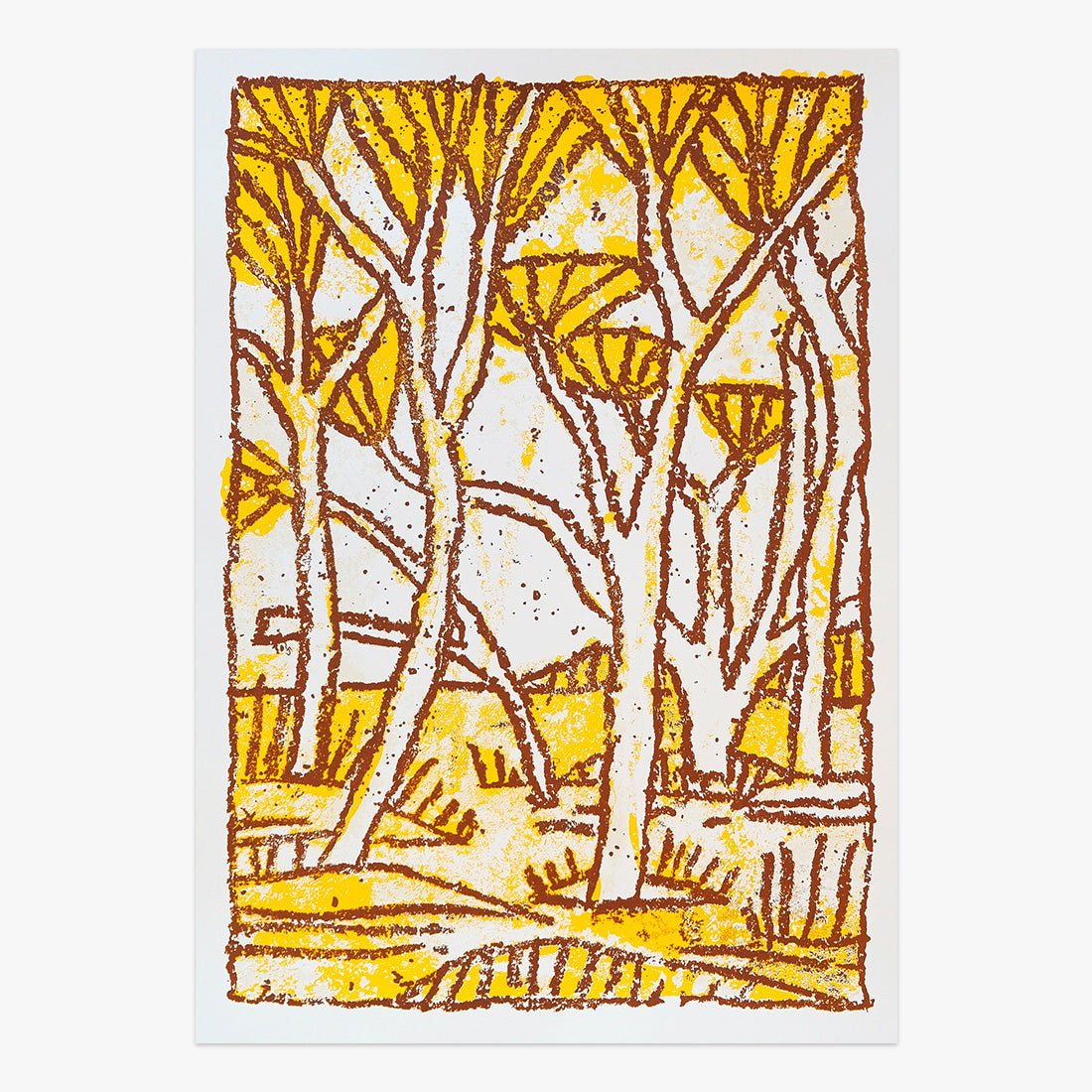The Jaunt #108 limited edition three-colour screen print on paper by Abel Macias, stylized forest scene with trees in warm yellow tones, Underdogs Gallery Lisbon, 2024