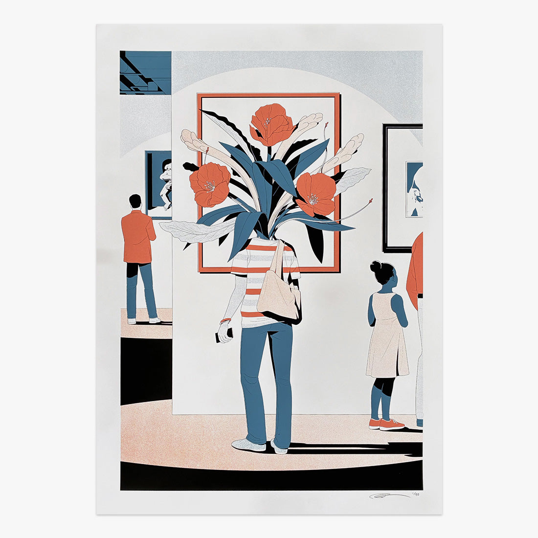 The Jaunt #112 limited edition three-colour screen print on paper by Anuj Shrestha, illustrated gallery scene with figures and floral artwork, Underdogs Gallery Lisbon, 2024