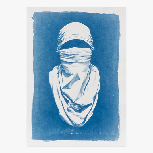 Shirt Mask x Freedom by Nuno Viegas, cyanotype portrait print on paper featuring a wrapped figure in monochromatic blue tones at Underdogs Gallery