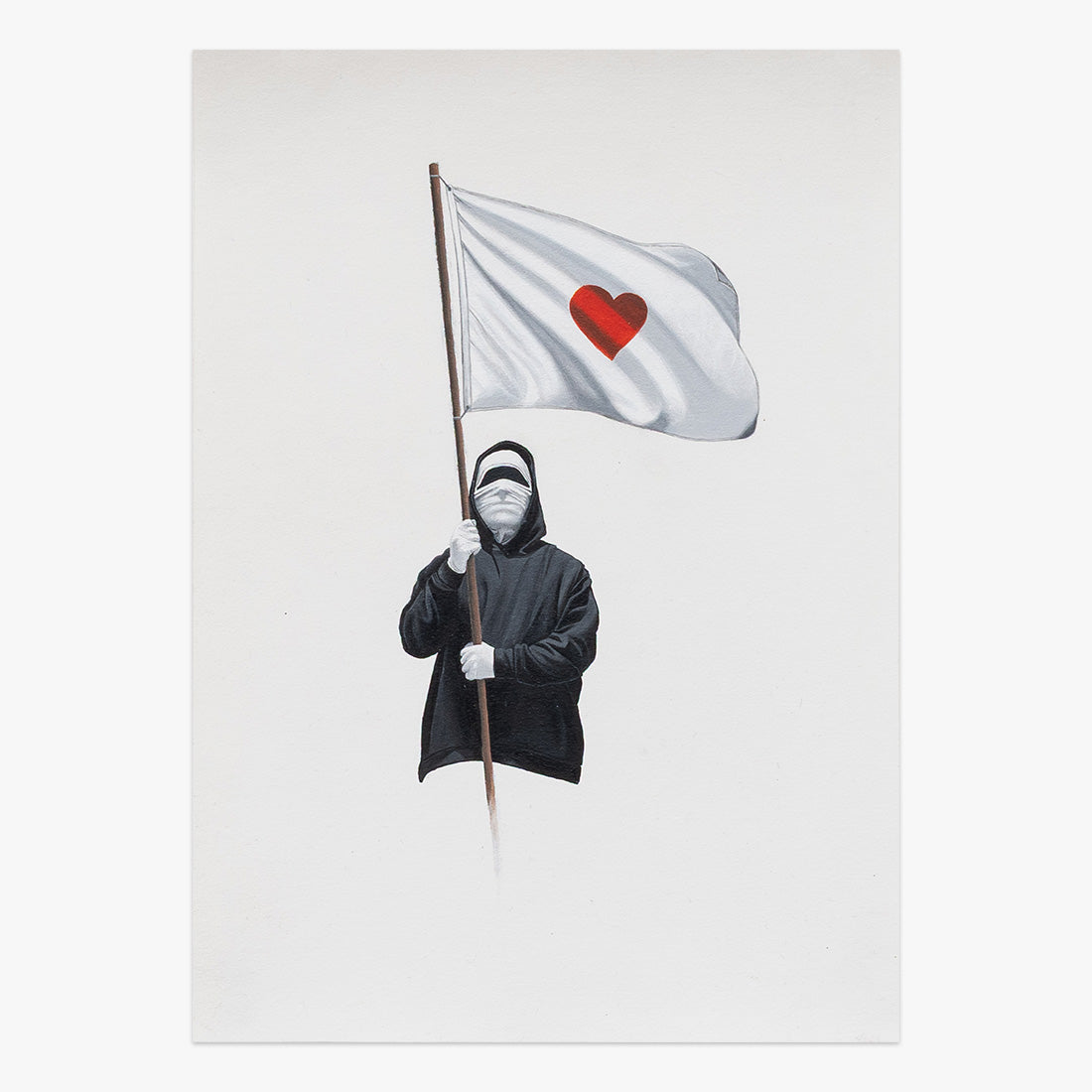 Writer x Love Flag by Nuno Viegas, acrylic and graphite artwork featuring a figure holding a white flag with a red heart at Underdogs Gallery