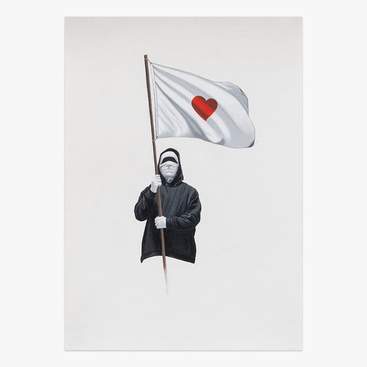 Writer x Love Flag by Nuno Viegas, acrylic and graphite artwork featuring a figure holding a white flag with a red heart at Underdogs Gallery