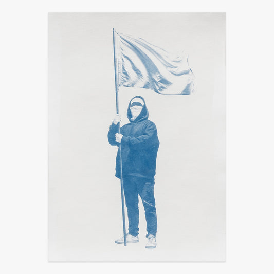 Writer x White Flag by Nuno Viegas, cyanotype print featuring a figure holding a white flag at Underdogs Gallery