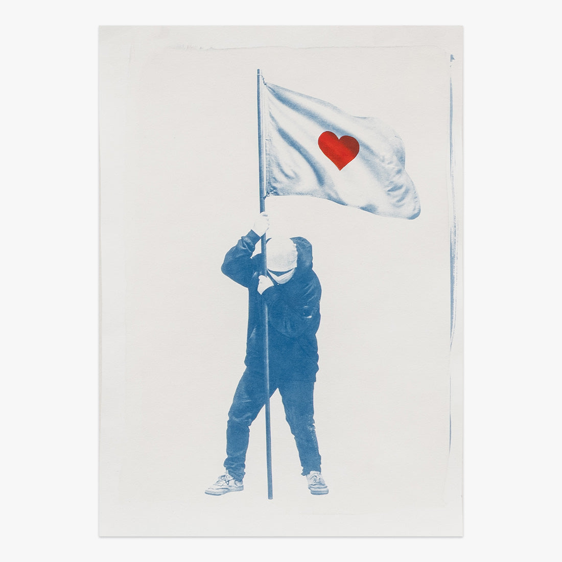 Writer x Love Flag I by Nuno Viegas, cyanotype print featuring a figure holding a flag with a red heart at Underdogs Gallery