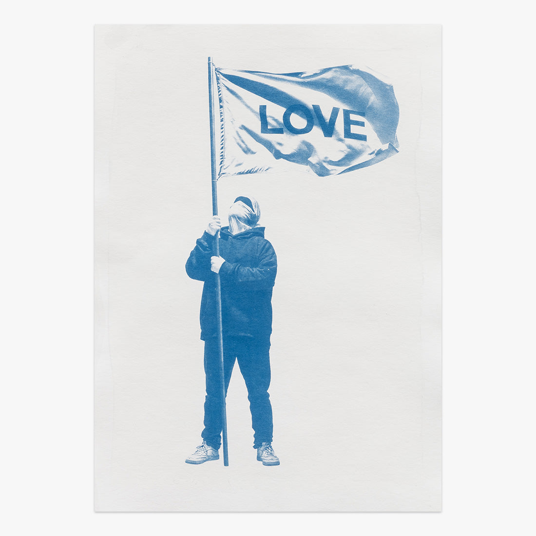 Writer x Love Flag II by Nuno Viegas, cyanotype print on paper featuring a figure holding a LOVE flag in blue tones at Underdogs Gallery
