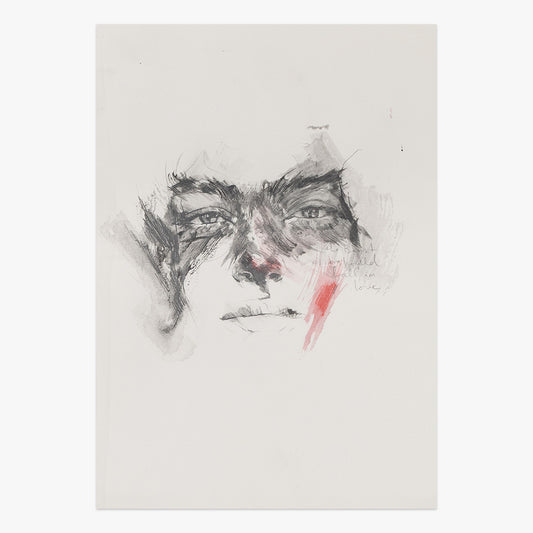short nights by Tamara Alves, mixed-media portrait artwork on paper with expressive black sketch lines and subtle pink accents at Underdogs Gallery