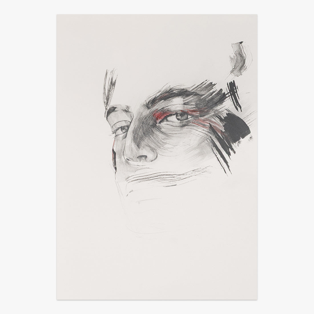 a soft ruin by Tamara Alves, minimalist mixed-media portrait artwork on paper with expressive black brushstrokes and soft red accents at Underdogs Gallery