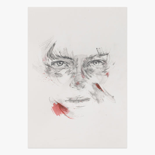 learning silence by Tamara Alves, expressive mixed-media portrait on paper with detailed eyes, sketch-like graphite strokes and soft red accents at Underdogs Gallery