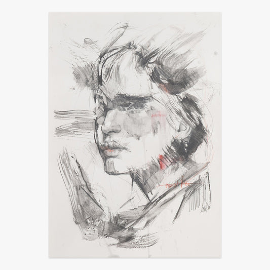 through soft ruins by Tamara Alves, expressive mixed-media portrait artwork on paper with monochromatic brushstrokes and soft red accents at Underdogs Gallery