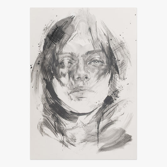 holding together by Tamara Alves, monochromatic mixed-media portrait artwork on paper with expressive sketch-like brushstrokes at Underdogs Gallery