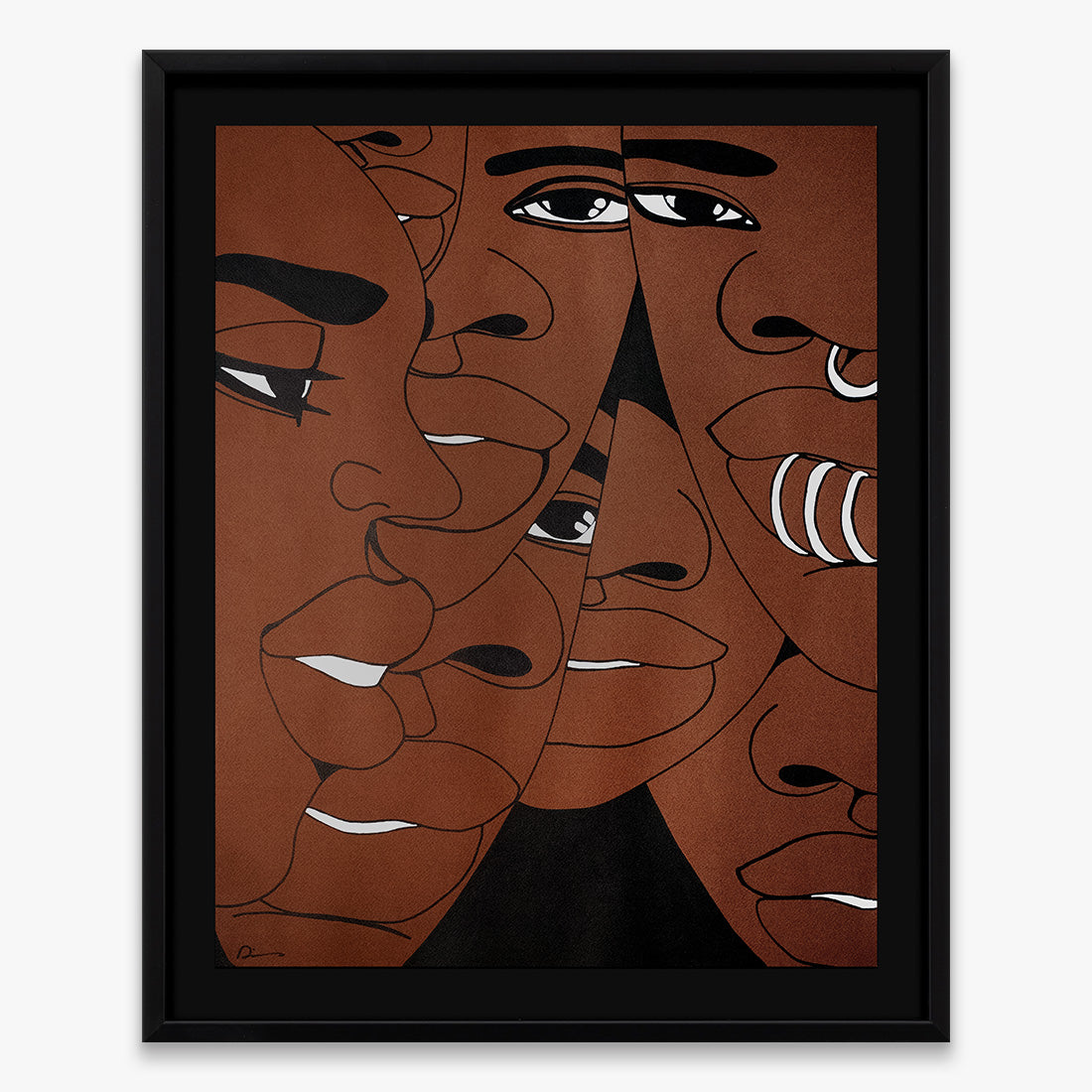 The Return Door 006 by Dino D’Santiago, India ink artwork on cardstock, abstract faces composition in warm brown tones, 2024, Underdogs Gallery