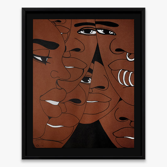 The Return Door 006 by Dino D’Santiago, India ink artwork on cardstock, abstract faces composition in warm brown tones, 2024, Underdogs Gallery