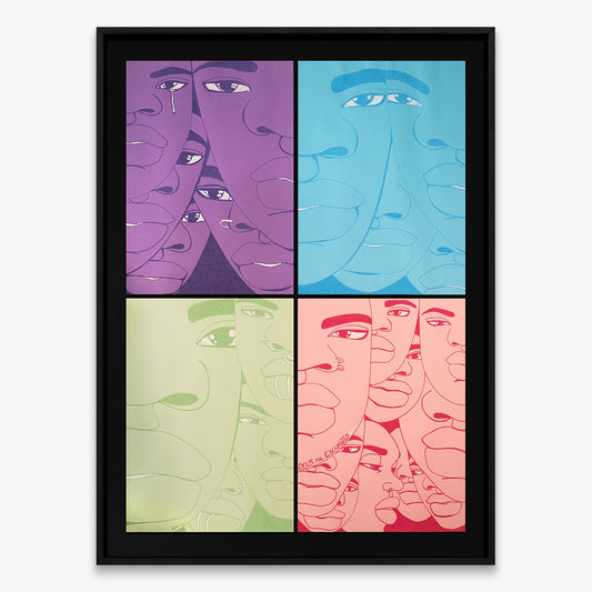 The Return Door 028 by Dino D’Santiago, India ink artwork on cardstock, abstract faces composition in four-color panel layout, 2024, Underdogs Gallery