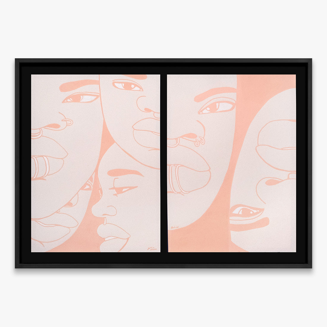 The Return Door 032 by Dino D’Santiago, India ink artwork on cardstock, abstract faces diptych composition in soft pink tones, 2024, Underdogs Gallery