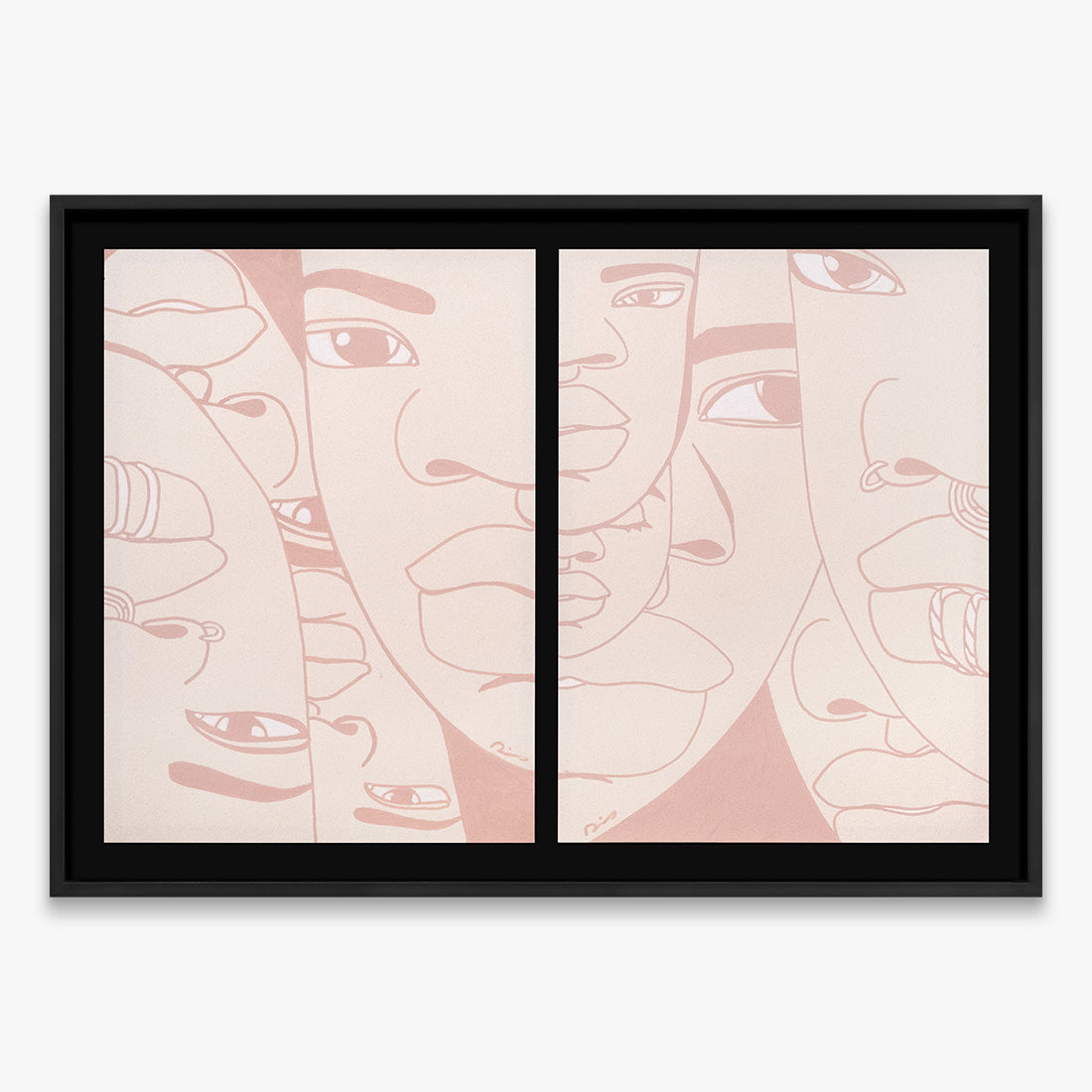 “The Return Door 039” by Dino D’Santiago, framed artwork with soft pink-toned overlapping stylized faces in a dual-panel composition, Underdogs Gallery