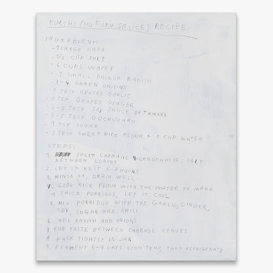 In My Humble Opinion, Every Kitchen Should Come With One of These by Wasted Rita – text-based contemporary artwork with handwritten recipe on canvas, Underdogs Gallery