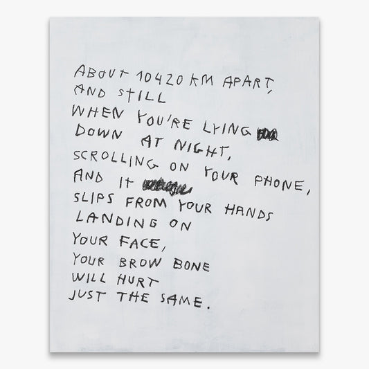 A Reminder We Were All Put on This Earth to Spend Time on Our Phones by Wasted Rita – text-based contemporary artwork with handwritten message about phone use on canvas, Underdogs Gallery