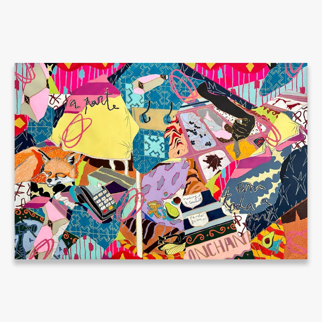 Trato de algo errado, cuido de algo certo by Ana Malta, colorful contemporary mixed media painting with layered collage-like composition, expressive patterns, and vibrant abstract elements created with acrylic, soft pastel and oil bar on canvas, 2025, Underdogs Gallery