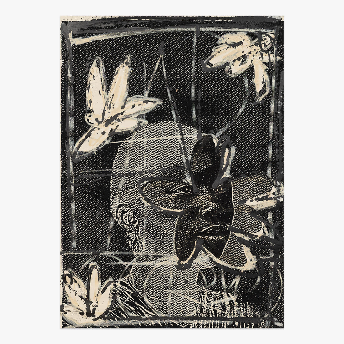 “No Freedom Only Enjoyment 10” by Fidél Évora, a black-and-cream work on paper featuring layered figures, hand motifs and graphic textures, 2025