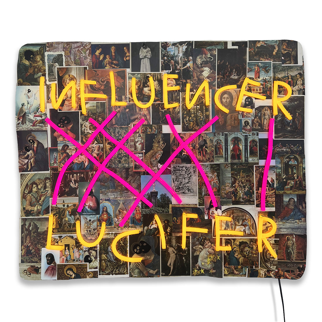 INFLUENCER artwork by Fiumani neon LED mixed media collage on wood Underdogs Gallery unique piece