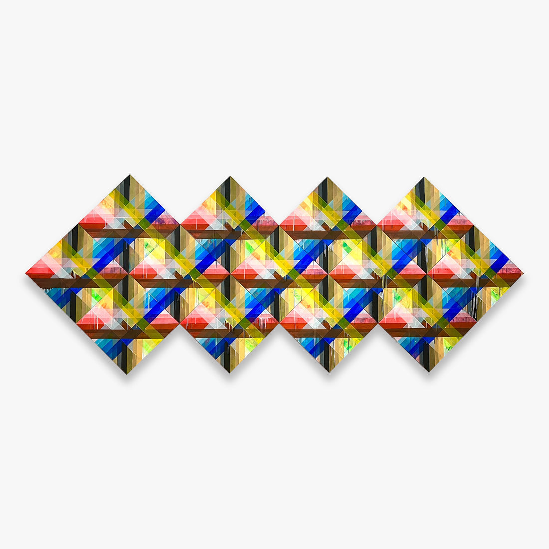 THE QUIET PART OUT LOUD by Maya Hayuk, large-scale abstract acrylic artwork on baltic birch panel with colorful geometric diamond compositions and layered woven patterns, unique multi-panel installation, 2023