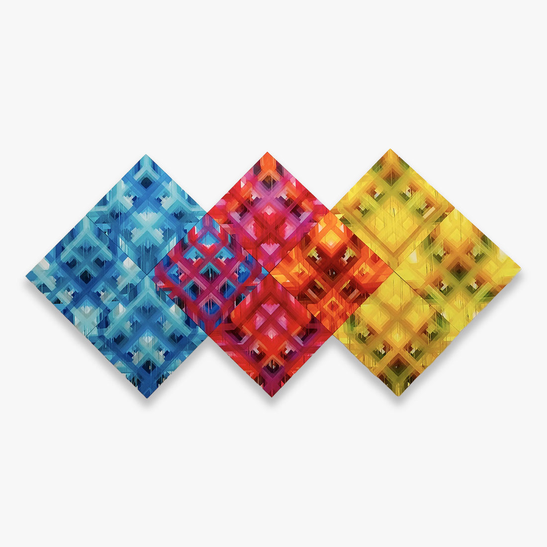 VENN DIAGRAM by Maya Hayuk, large-scale abstract acrylic artwork on baltic birch panel featuring colorful geometric diamond panels with layered woven patterns, unique multi-panel installation, 2023