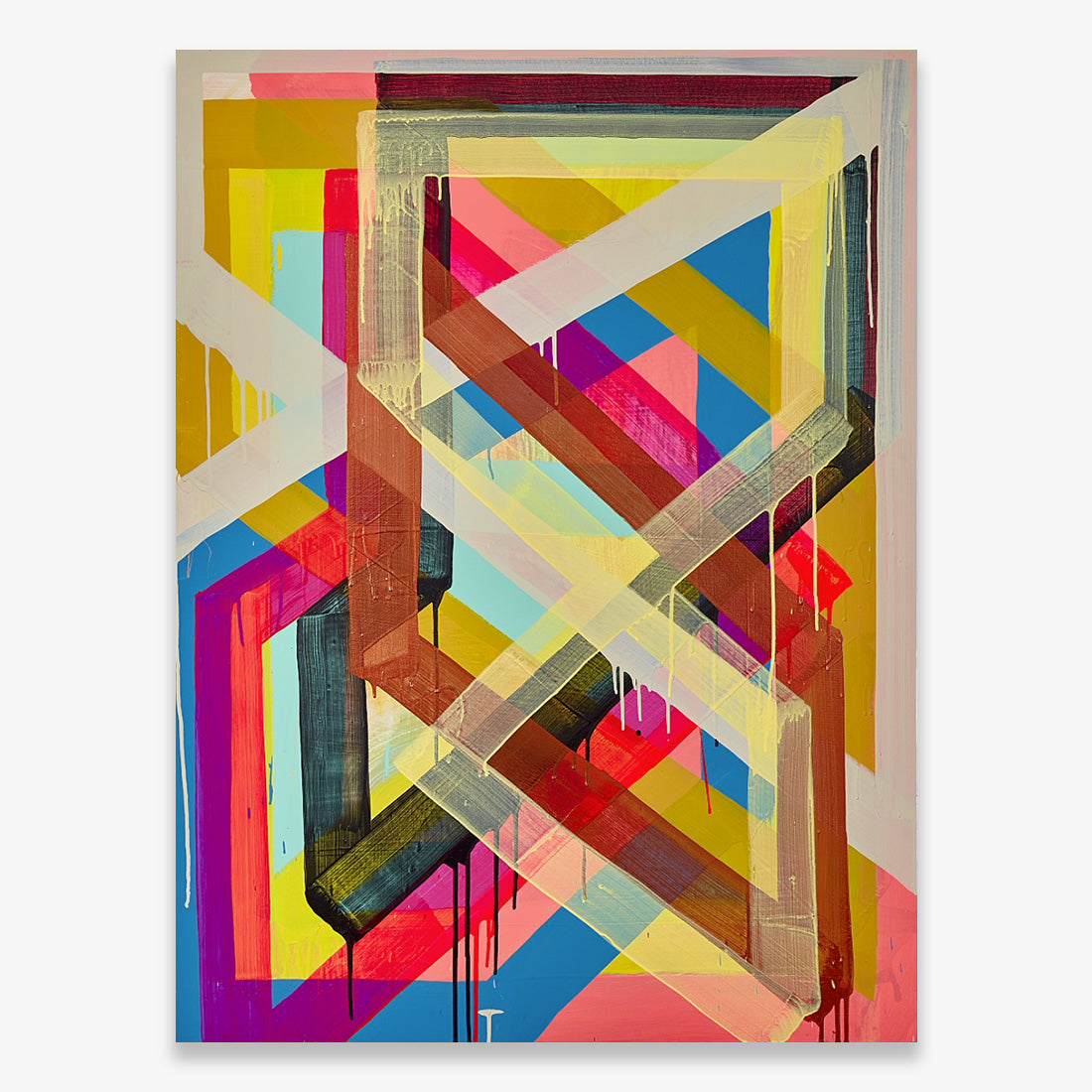 Search Party Seance (128) by Maya Hayuk, abstract geometric painting with intersecting translucent angular forms and vibrant layered colors on baltic birch panel, contemporary artwork from 2020 at Underdogs Gallery