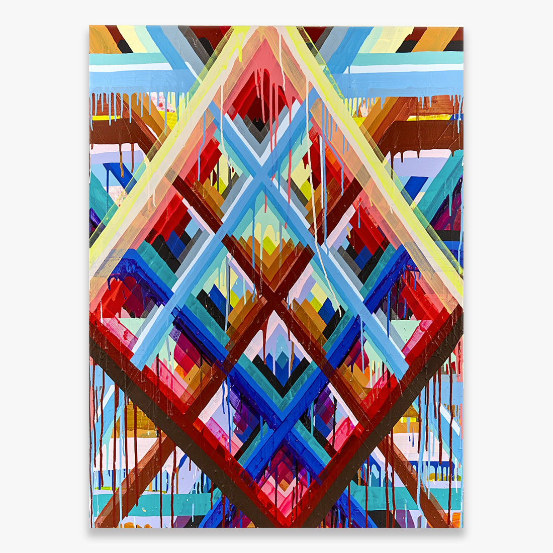 Gate House 01 by Maya Hayuk, abstract geometric painting with layered diamond patterns and vibrant intersecting colorful lines on baltic birch panel, contemporary artwork from 2017 at Underdogs Gallery