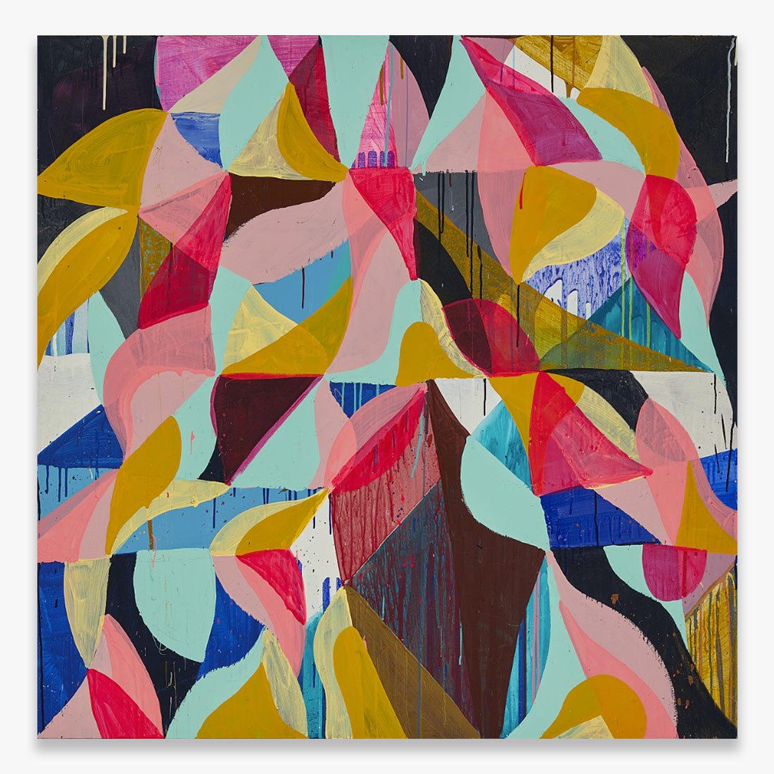 Search Party Seance (89) by Maya Hayuk, abstract painting with layered organic geometric shapes and vibrant pink, yellow, blue and black tones on baltic birch panel, contemporary artwork from 2020 at Underdogs Gallery