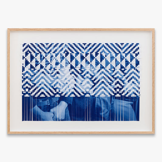 Ontem, Hoje e Amanhã (Blueprint) by Raquel Belli at Underdogs Gallery, featuring layered blue geometric weaving patterns combined with photographic elements in a framed composition