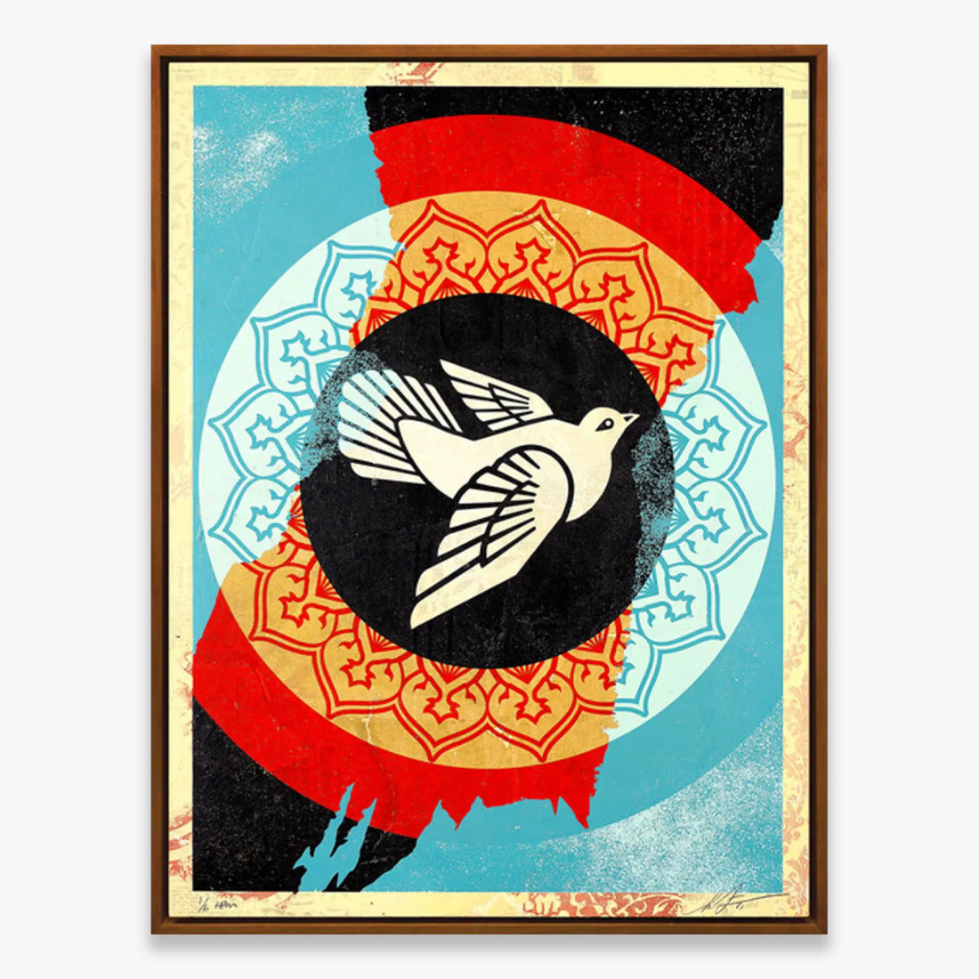 Shepard Fairey Dove Ripped silkscreen artwork featuring a white dove over layered circular graphic patterns in red, blue, black, and cream tones