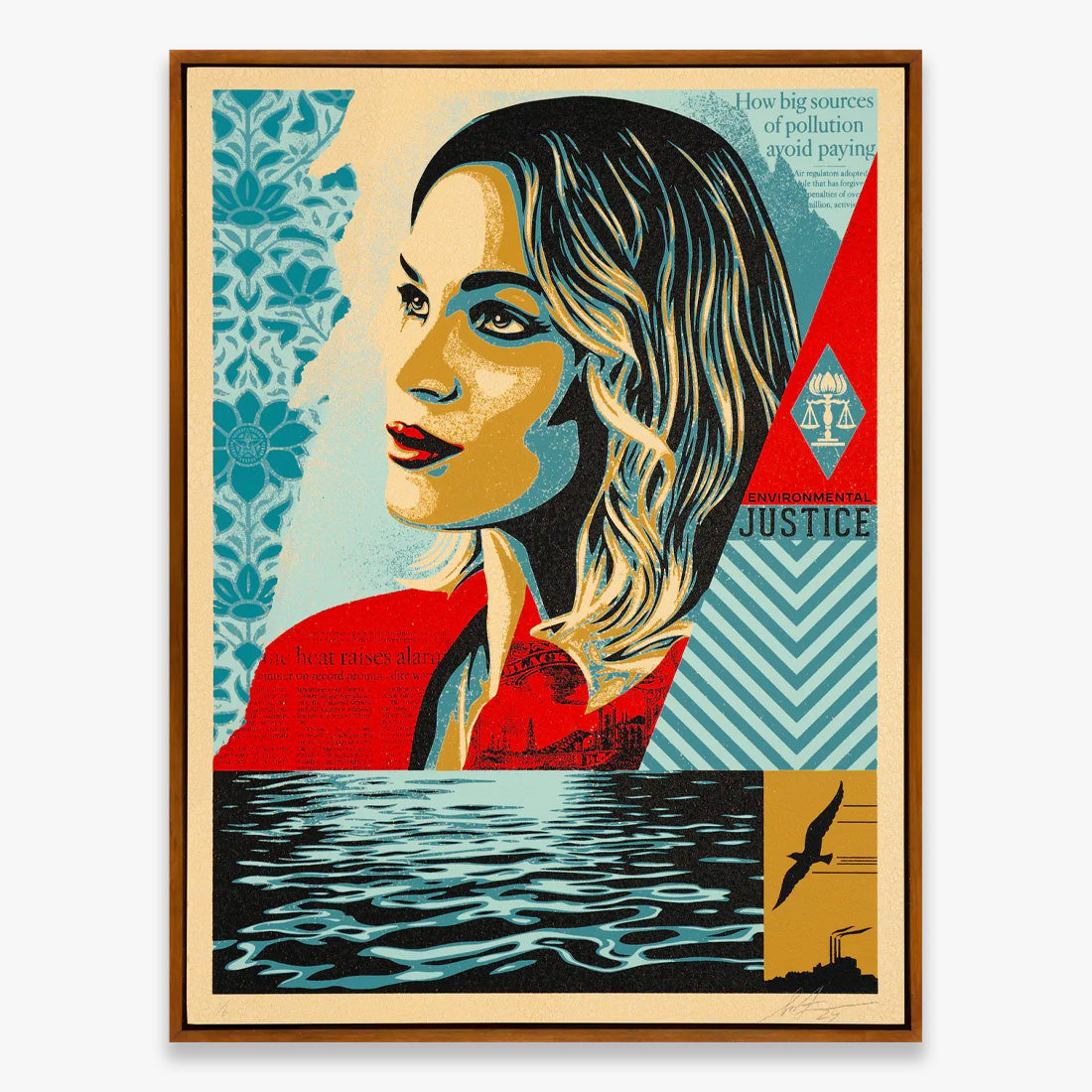 Shepard Fairey Environmental Justice artwork featuring a stylized female portrait with graphic patterns, justice symbol, and water imagery in blue, red, black, and cream tones