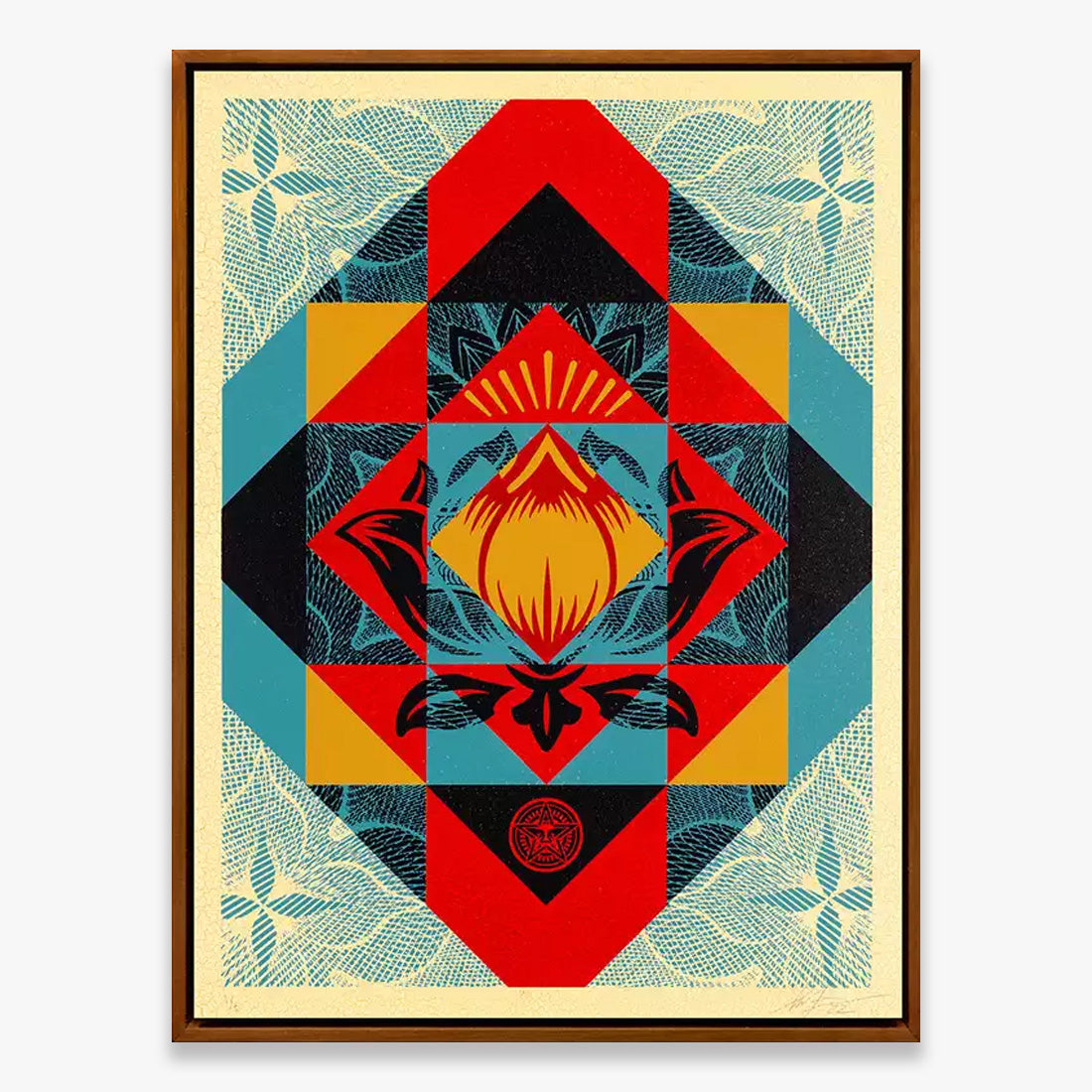 Shepard Fairey Modular Flower artwork featuring a geometric floral composition in red, yellow, blue, black, and cream tones with symmetrical graphic patterns
