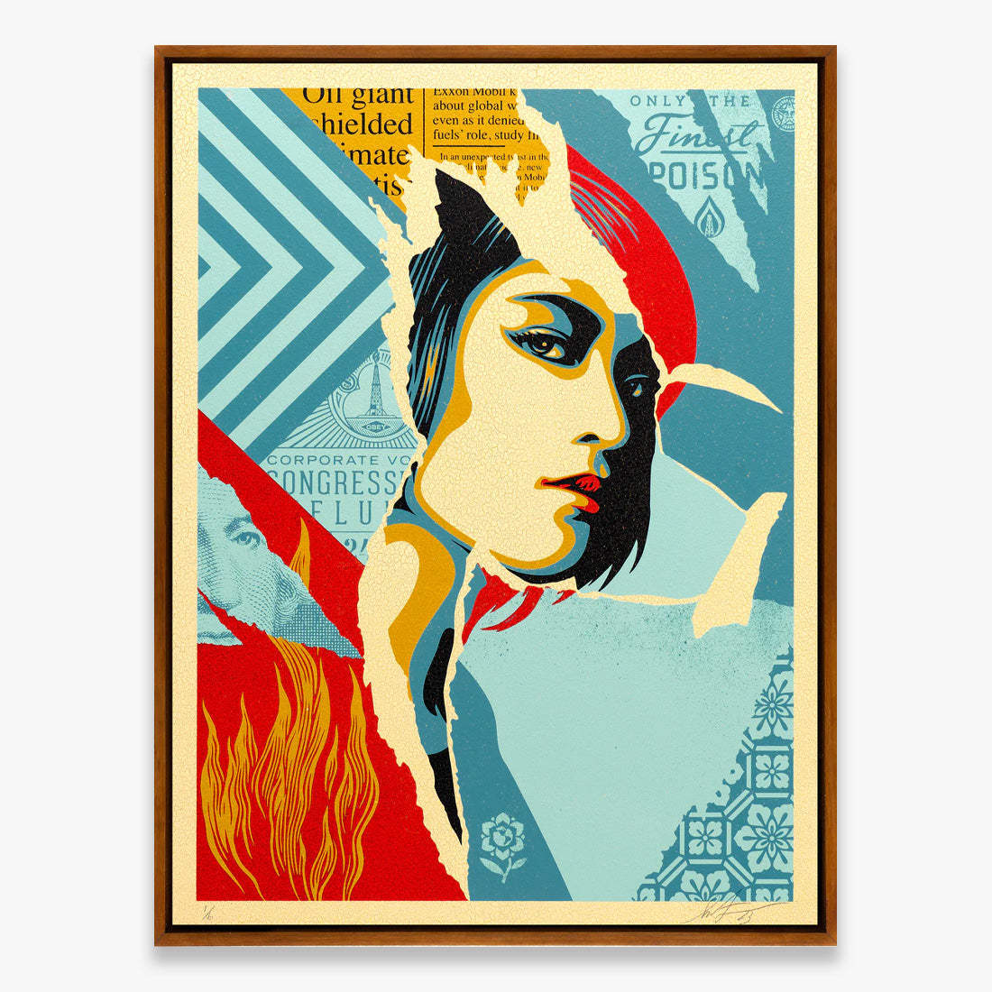Only the Finest Poison by Shepard Fairey at Underdogs Gallery, featuring a stylized female portrait with bold graphic patterns, flames, and blue geometric elements on a wood panel print